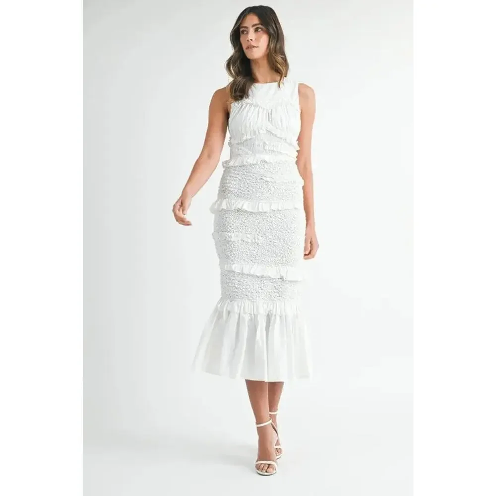 MABLE Ruffled Popcorn Smocked Mermaid Midi Dress - Picture 4 of 10